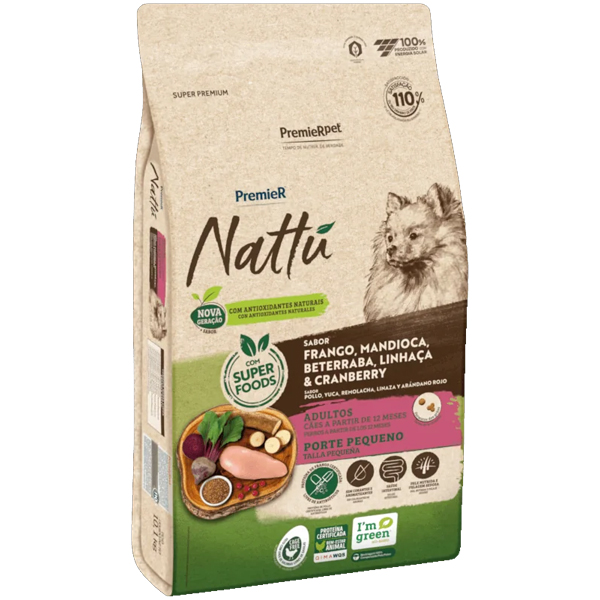 Premier Nattu - Cães Adultos Raças Pequenas - Frango, Mandioca, Beterraba, Linhaça e Cranberry 10,1kg