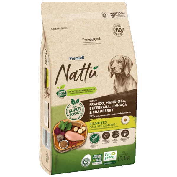 Premier Nattu - Cães Filhotes - Frango, Mandioca, Beterraba, Linhaça e Cranberry 10,1kg