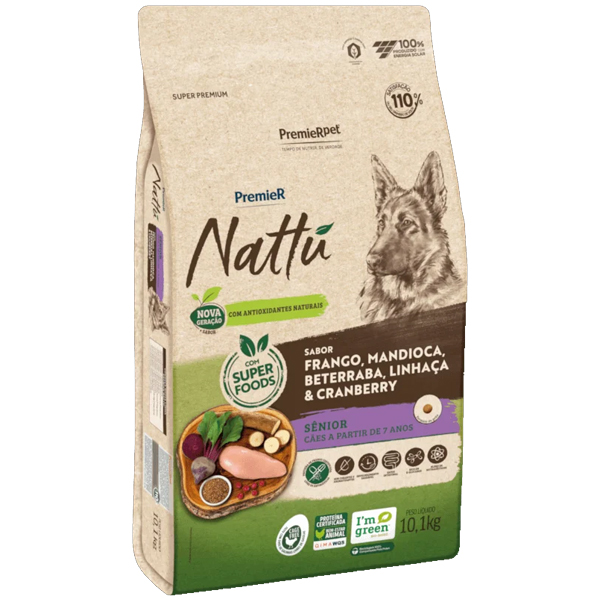 Premier Nattu - Cães Sênior - Frango, Mandioca, Beterraba, Linhaça e Cranberry 10,1kg